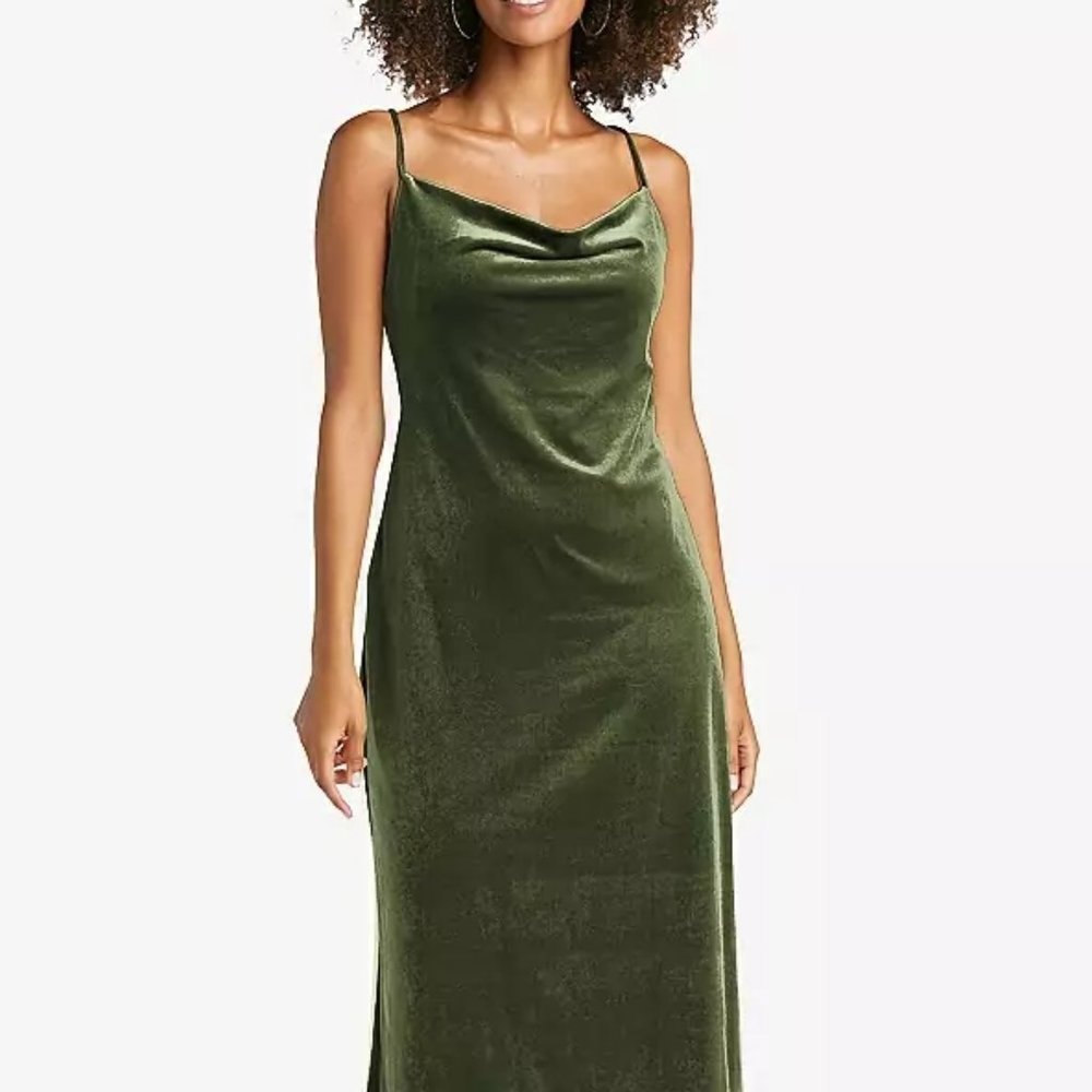 Dessy LB020..Cowl-Neck Convertible Velvet Midi Slip Dress..Olive Green..Size L